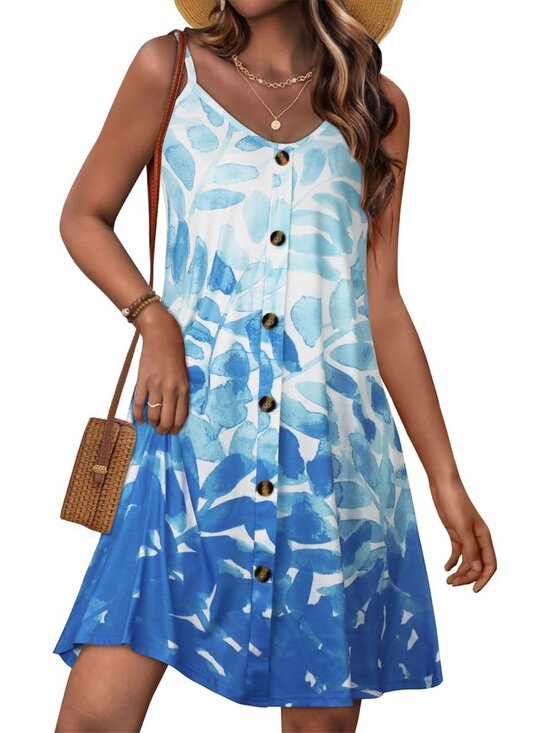 Dresses & Skirts - Women's White Blue Summer Spaghetti Strap Button Down V Neck Sundress Beach